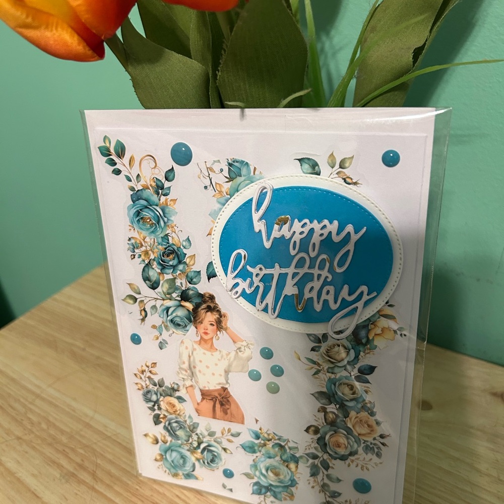 Floral Birthday Card with Blue Accents